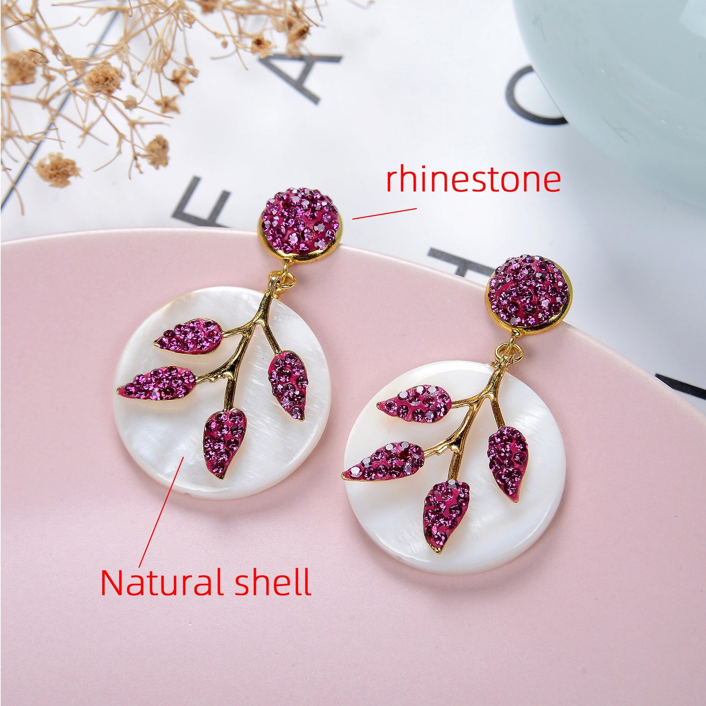 Round shell Leaf  Shaped Rhinestone Drop Earrings