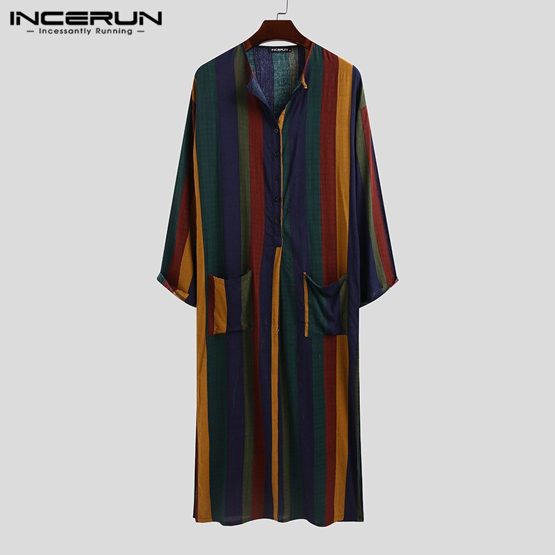 Men Ethnic Robe Vintage Striped Long Sleeve Muslim Kaftan Robe w/ Neck Buttons & Pockets