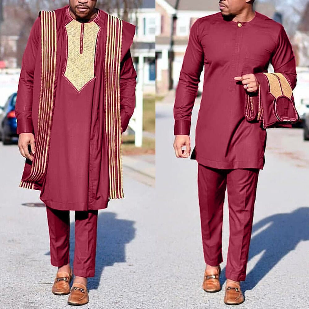African Agbada Suit For Men Embroidered Robes Dashiki Cover Shirt Pants 3 PCS Set