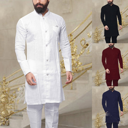 Muslim Fashion mens Clothing Pakistan Shirts Long Sleeve Linen Solid Color