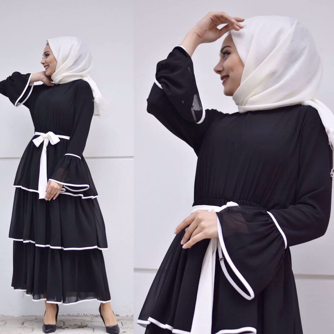 Abaya Turkey Muslim Kaftan Islamic Clothing Chiffon Layered Round Neck Robe