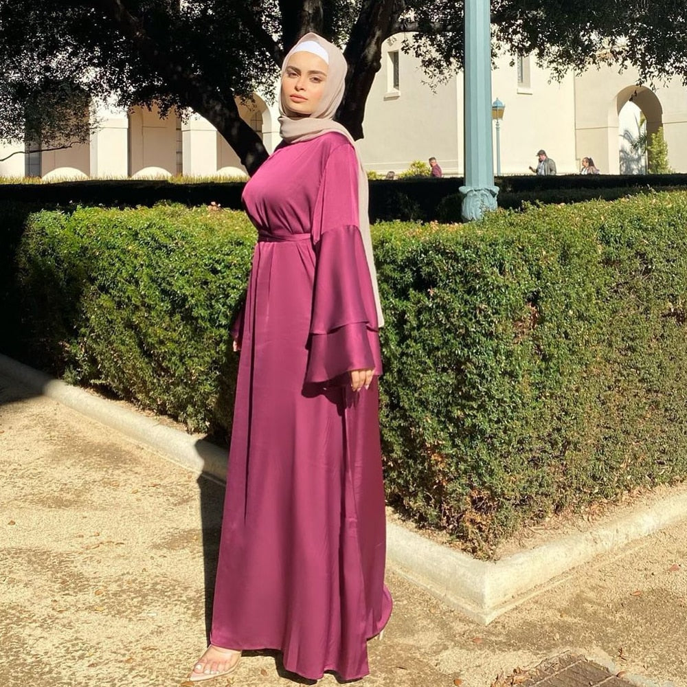 Summer Muslim Thin Satin Hijab Dress Long Layered Flare Sleeves  Islamic Modest Abaya Gown