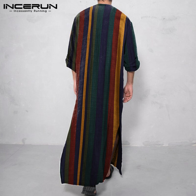 Men Ethnic Robe Vintage Striped Long Sleeve Muslim Kaftan Robe w/ Neck Buttons & Pockets