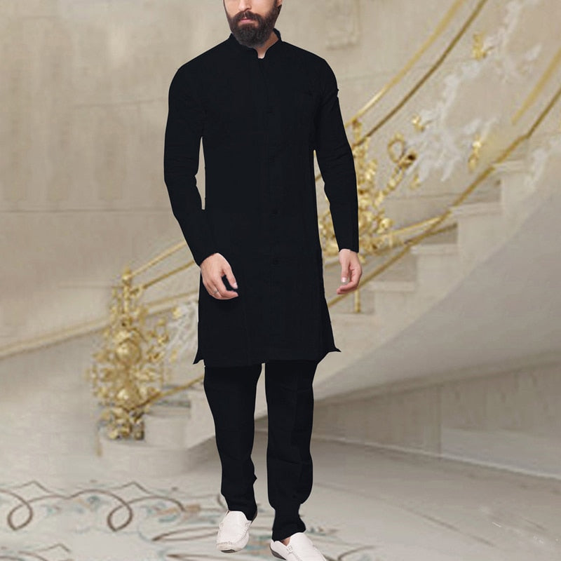 Muslim Fashion mens Clothing Pakistan Shirts Long Sleeve Linen Solid Color