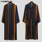 Men Ethnic Robe Vintage Striped Long Sleeve Muslim Kaftan Robe w/ Neck Buttons & Pockets