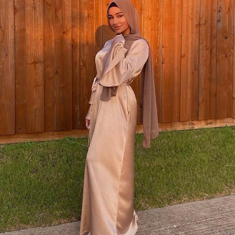 Summer Muslim Thin Satin Hijab Dress Long Layered Flare Sleeves Islami Dhaahira