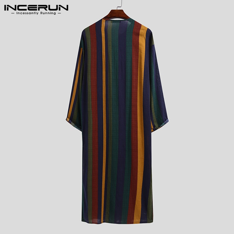 Men Ethnic Robe Vintage Striped Long Sleeve Muslim Kaftan Robe w/ Neck Buttons & Pockets