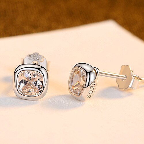 Sterling Silver Simple Clear Zircon Square Stud Earrings