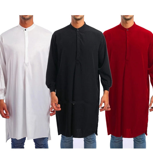 Solid Color Traditional Thobe Button Long Shirt Turkish Casual Male Long Sleeve