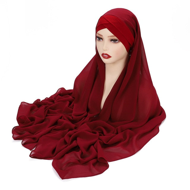 Instant Hijab Chiffon Shawl Stitched Inner Bonnet Convinient Headwrap Muslim Women Islamic Underscarf 175X70CM