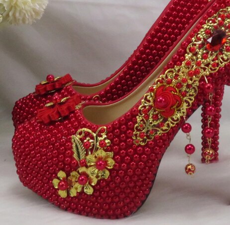 New Arrival Red Pearl Round Toe Wedding Shoes Bridal Woman High Heel Pumps