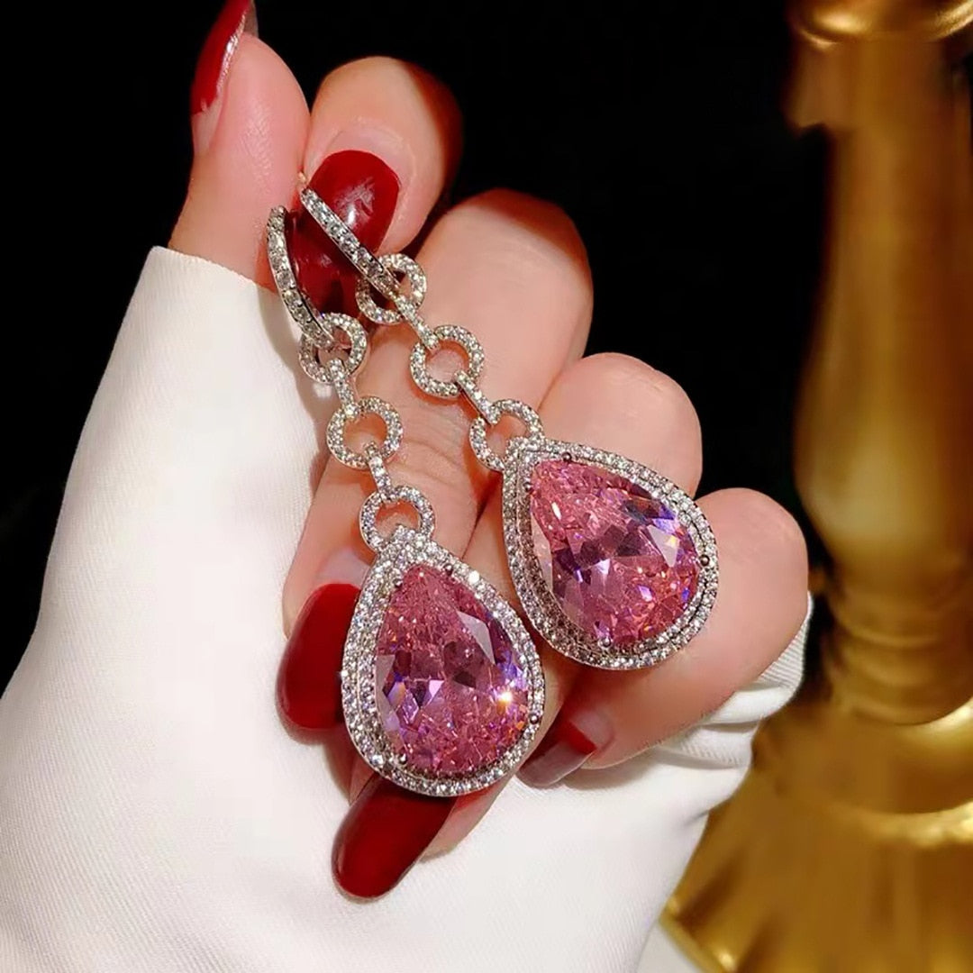 Luxury Water Drop Pink Diamond Dangle Earring