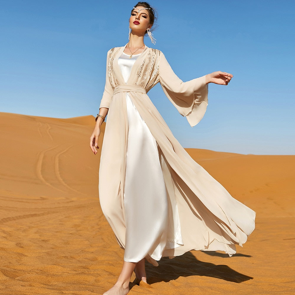 2 Pieces Abaya Dress Sets: Kimono Chiffon Sequin  Robe + Inner Vest Marocain Caftan