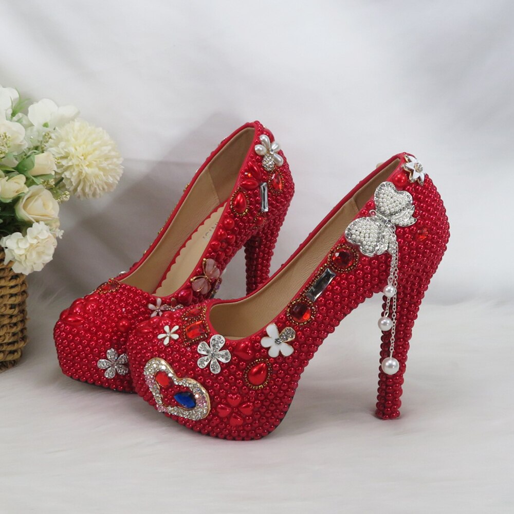 New Arrival Red Pearl Round Toe Wedding Shoes Bridal Woman High Heel Pumps