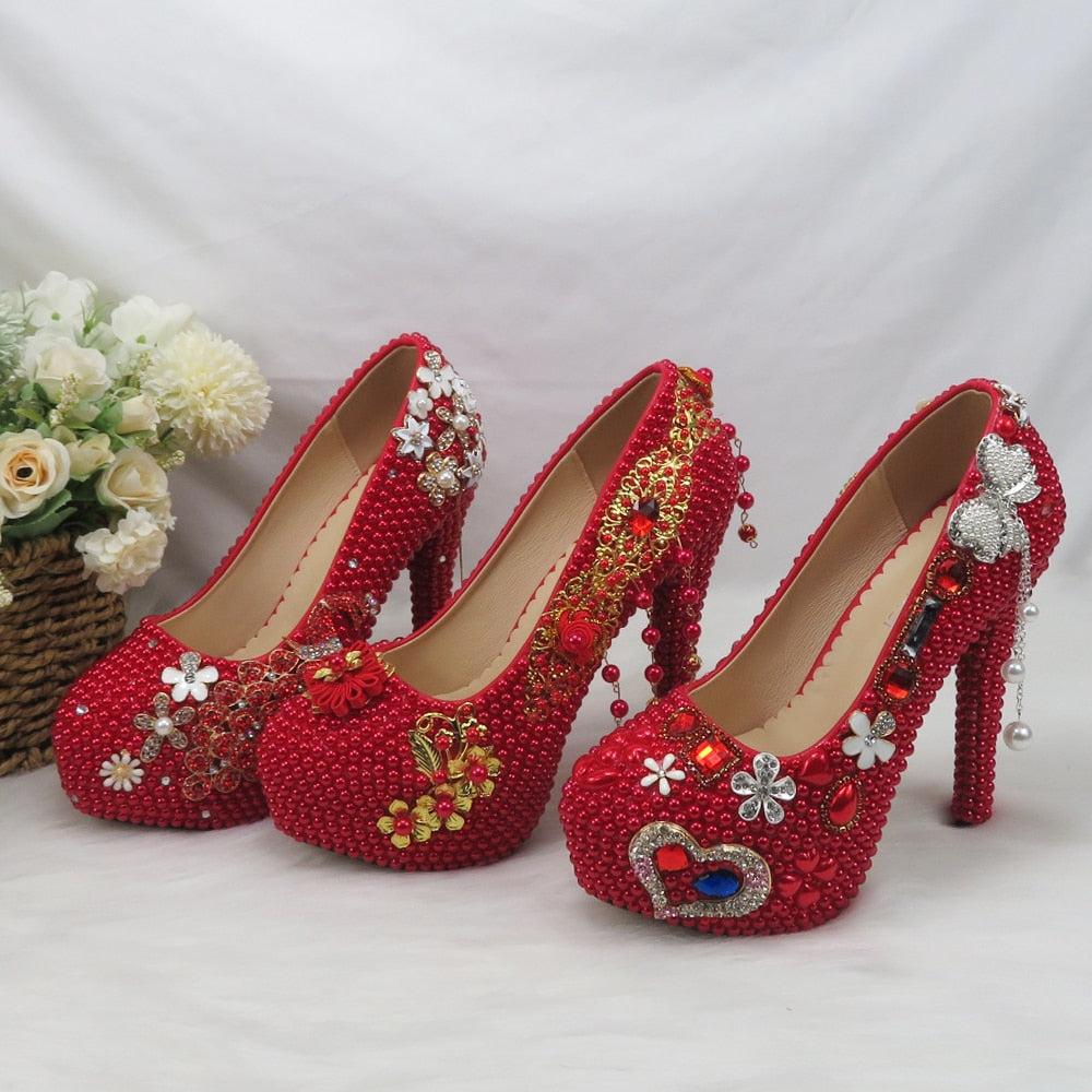 New Arrival Red Pearl Round Toe Wedding Shoes Bridal Woman High Heel Pumps