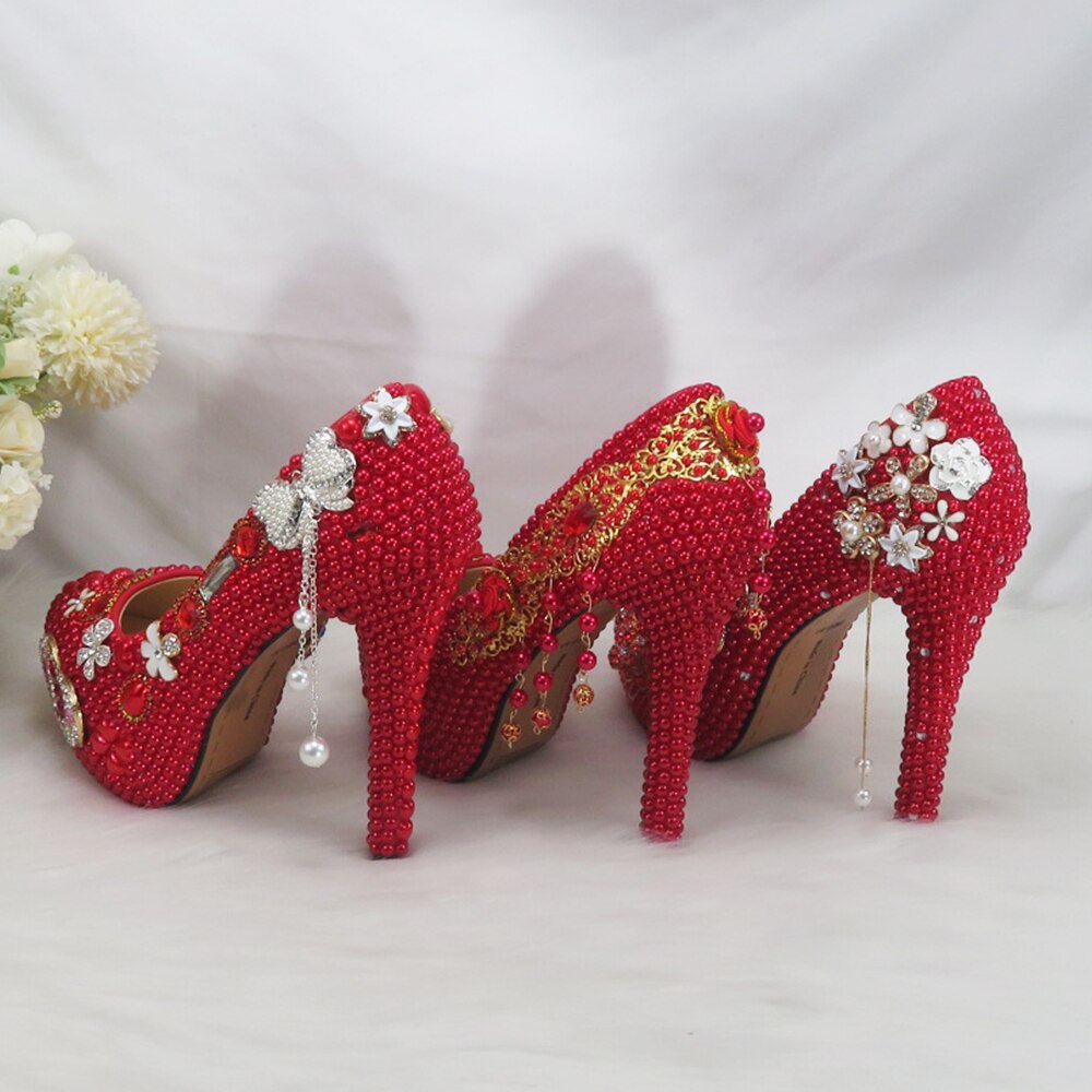 New Arrival Red Pearl Round Toe Wedding Shoes Bridal Woman High Heel Pumps