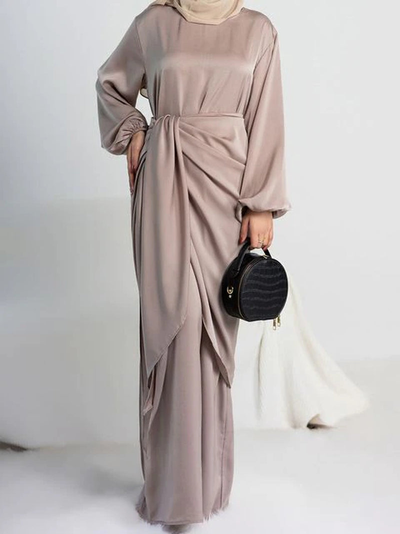Two Pieces Sets Djellaba Muslim Dress Glossy Satin Abaya Muslim Robe 